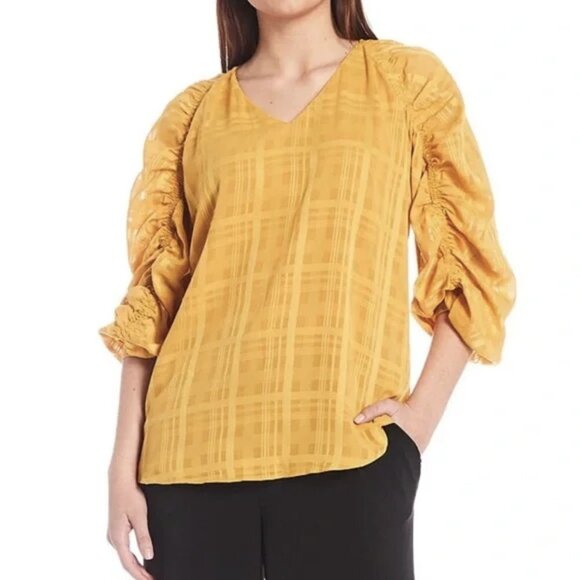 NWOT Calvin Klein Sheer Plaid V-Neck Ruched Sleeve Top in Ochre Yellow Sz… - Picture 1 of 2